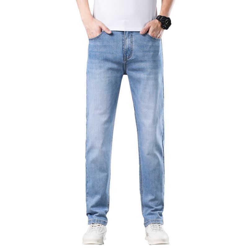 Jeanși bărbătești cu croială dreaptă din denim, elastici, bumbac, primăvară-vară, casual