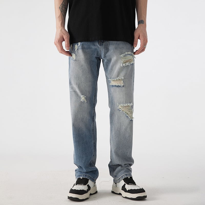 Blugi rupți pentru bărbați, croială dreaptă, stil american, finisaj spălat, look retro modern, largi