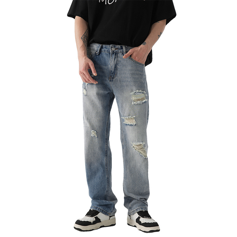Blugi rupți pentru bărbați, croială dreaptă, stil american, finisaj spălat, look retro modern, largi