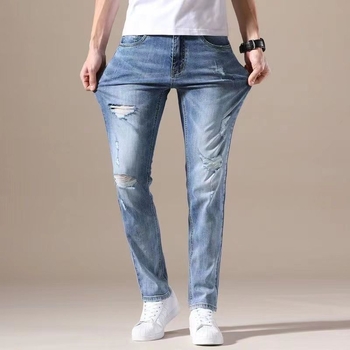 Blugi bărbați rupți din denim, elastici, croială straight-slim, casual, pentru primăvară și toamnă
