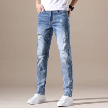 Blugi bărbați rupți din denim, elastici, croială straight-slim, casual, pentru primăvară și toamnă