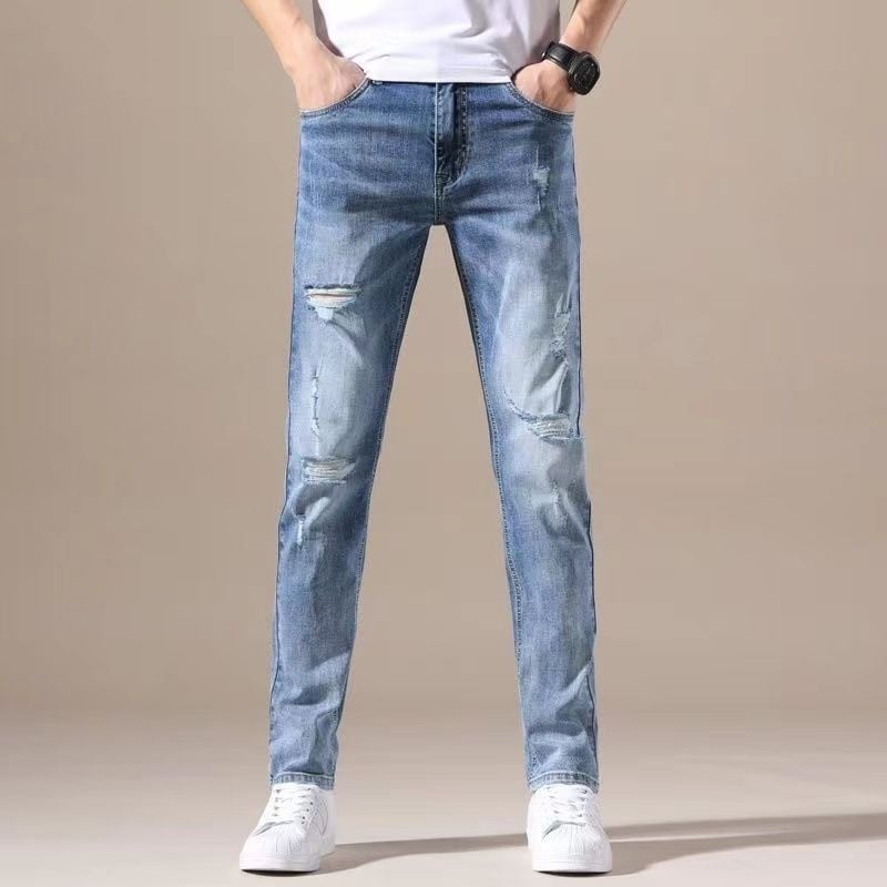 Blugi bărbați rupți din denim, elastici, croială straight-slim, casual, pentru primăvară și toamnă