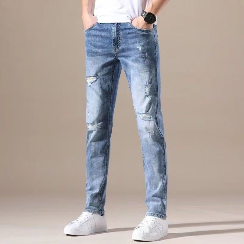 Blugi bărbați rupți din denim, elastici, croială straight-slim, casual, pentru primăvară și toamnă
