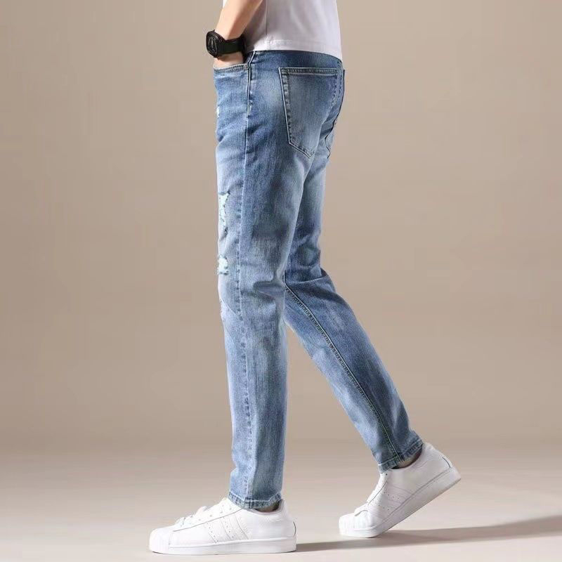 Blugi bărbați rupți din denim, elastici, croială straight-slim, casual, pentru primăvară și toamnă