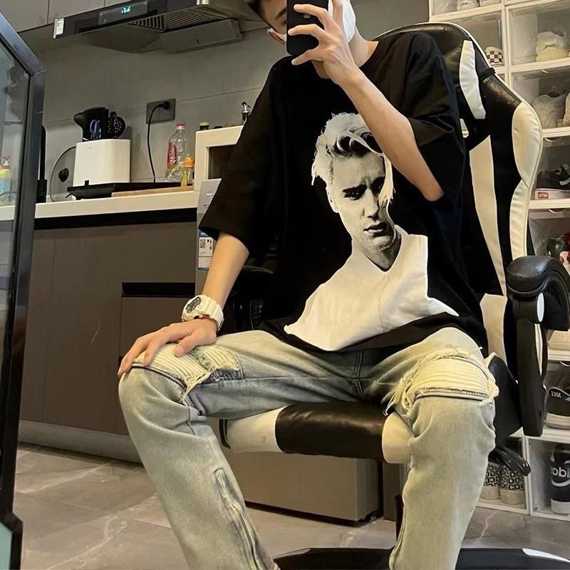 Jeansi bărbați rupți, croi drept slim, stil stradal coreean, vintage uzat hip-hop.