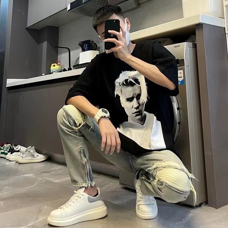 Jeansi bărbați rupți, croi drept slim, stil stradal coreean, vintage uzat hip-hop.