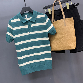 Tricou polo tricotat cu mânecă scurtă, guler polo, în dungi, material respirabil din mătase de gheață, subțire, casual