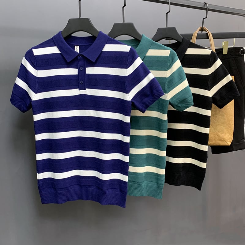 Tricou polo tricotat cu mânecă scurtă, guler polo, în dungi, material respirabil din mătase de gheață, subțire, casual