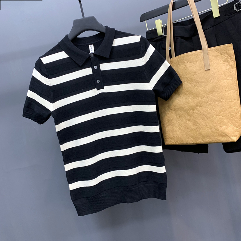 Tricou polo tricotat cu mânecă scurtă, guler polo, în dungi, material respirabil din mătase de gheață, subțire, casual