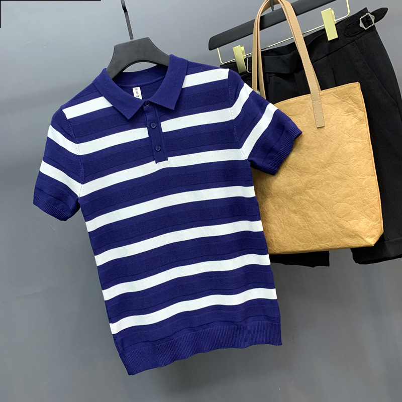 Tricou polo tricotat cu mânecă scurtă, guler polo, în dungi, material respirabil din mătase de gheață, subțire, casual