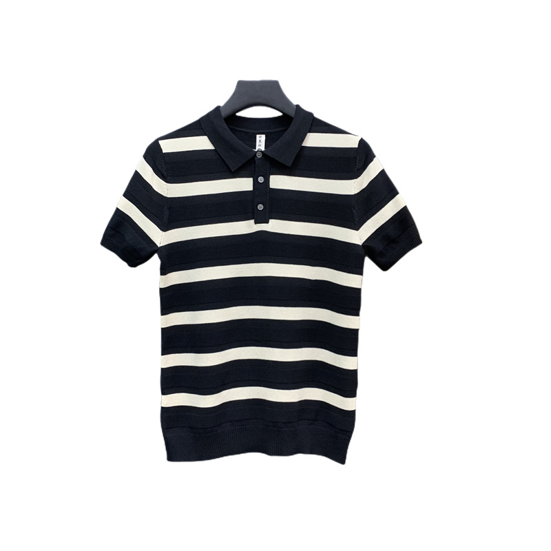 Tricou polo tricotat cu mânecă scurtă, guler polo, în dungi, material respirabil din mătase de gheață, subțire, casual