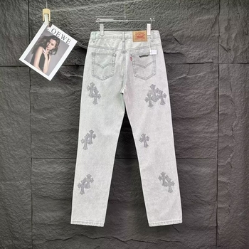 Jeansi bărbătești cu croială dreaptă pentru primăvară-vară, broderie, slim-fit, gri deschis, casual și ușor