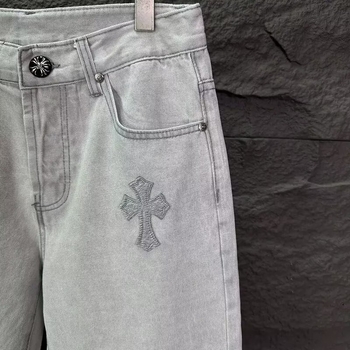 Jeansi bărbătești cu croială dreaptă pentru primăvară-vară, broderie, slim-fit, gri deschis, casual și ușor