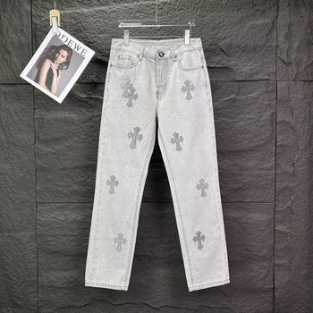 Jeansi bărbătești cu croială dreaptă pentru primăvară-vară, broderie, slim-fit, gri deschis, casual și ușor