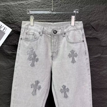 Jeansi bărbătești cu croială dreaptă pentru primăvară-vară, broderie, slim-fit, gri deschis, casual și ușor