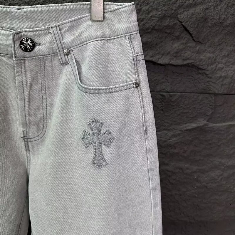 Jeansi bărbătești cu croială dreaptă pentru primăvară-vară, broderie, slim-fit, gri deschis, casual și ușor