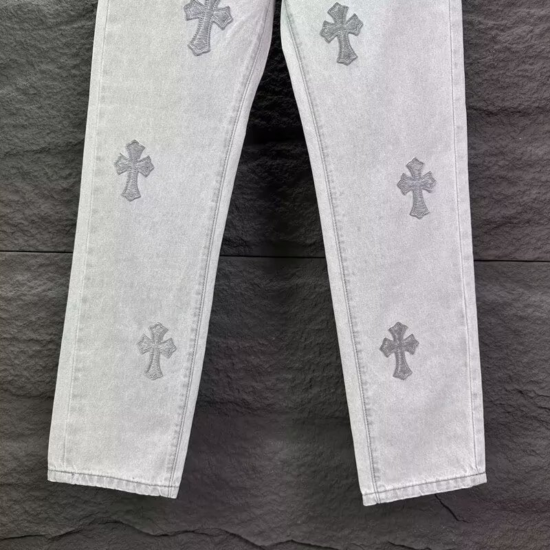 Jeansi bărbătești cu croială dreaptă pentru primăvară-vară, broderie, slim-fit, gri deschis, casual și ușor