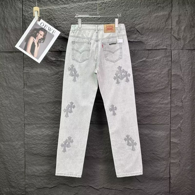 Jeansi bărbătești cu croială dreaptă pentru primăvară-vară, broderie, slim-fit, gri deschis, casual și ușor