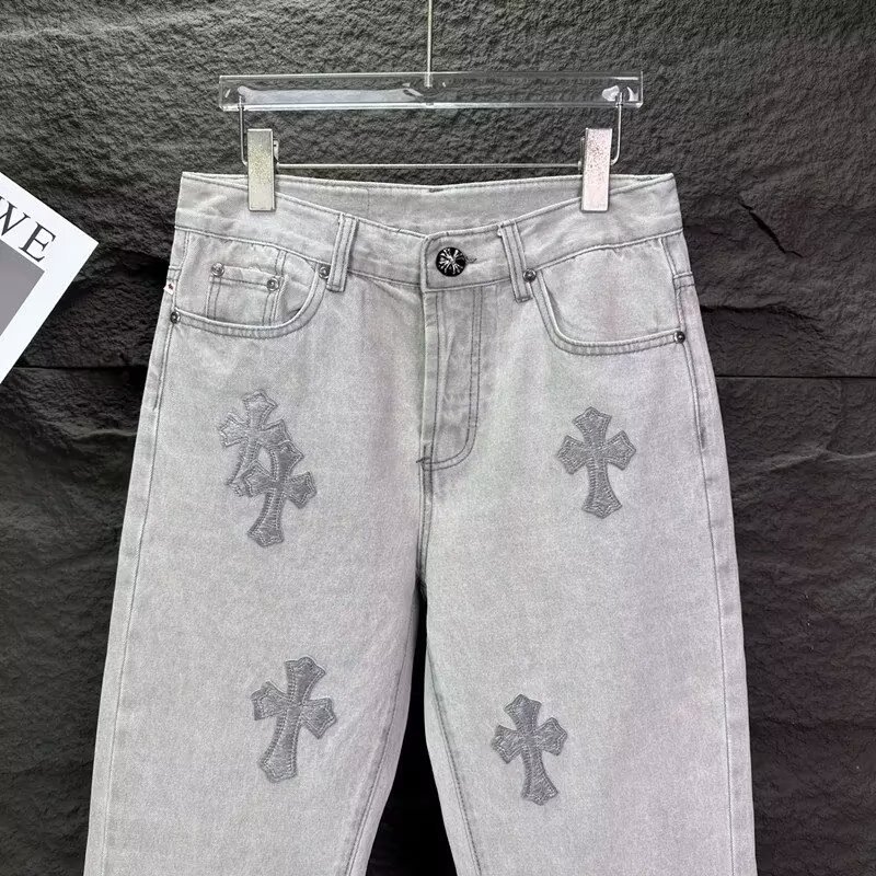 Jeansi bărbătești cu croială dreaptă pentru primăvară-vară, broderie, slim-fit, gri deschis, casual și ușor