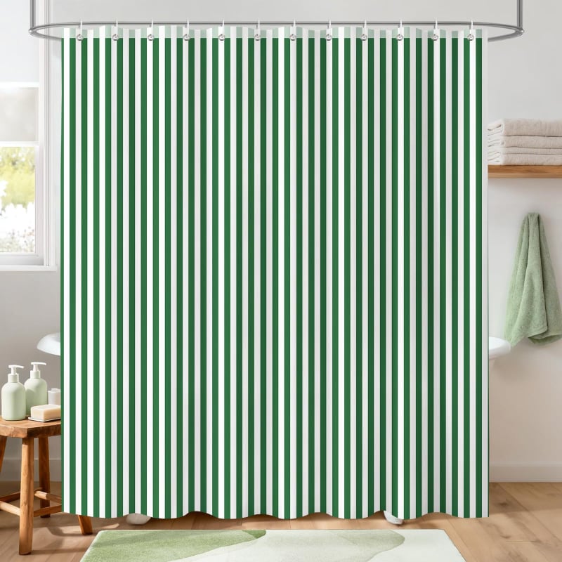Cortină de duș pentru baie, verde retro cu dungi verticale, poliester geometric, imprimare digitală