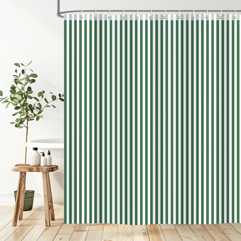 Cortină de duș pentru baie, verde retro cu dungi verticale, poliester geometric, imprimare digitală