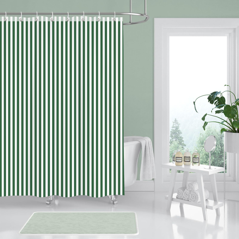 Cortină de duș pentru baie, verde retro cu dungi verticale, poliester geometric, imprimare digitală