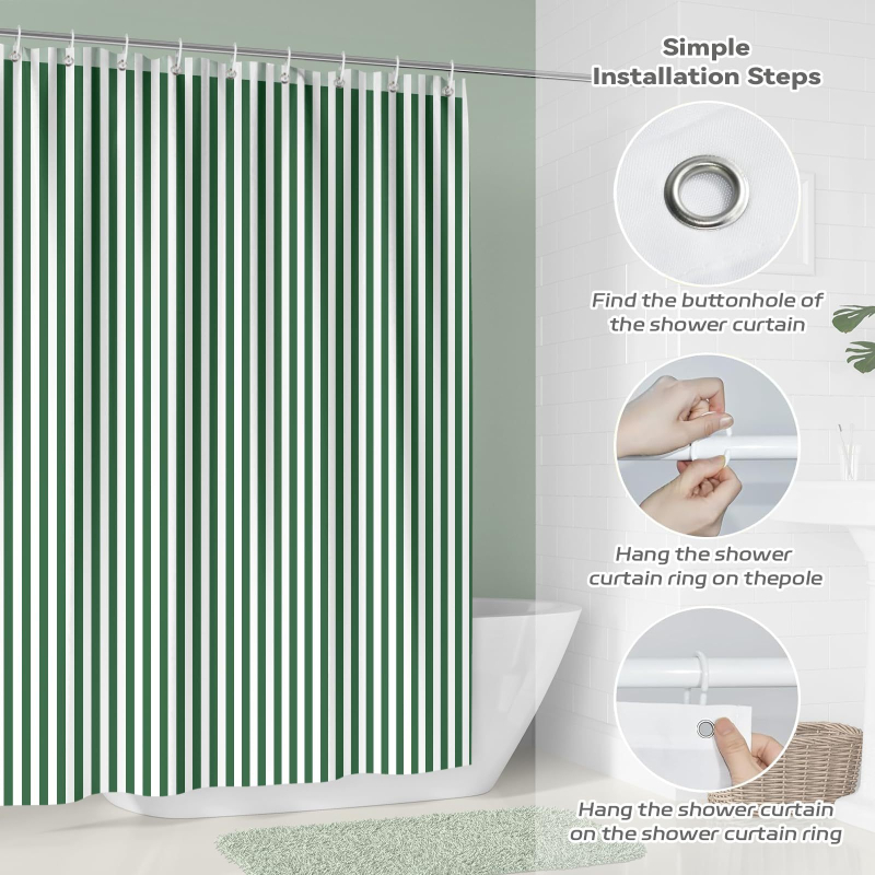 Cortină de duș pentru baie, verde retro cu dungi verticale, poliester geometric, imprimare digitală