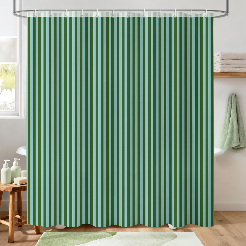 Cortină de duș pentru baie, verde retro cu dungi verticale, poliester geometric, imprimare digitală