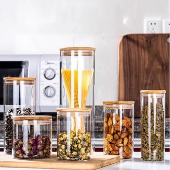 Recipient rotund din sticlă borosilicat, cu capac etanș, pentru ceai și gustări, gură largă