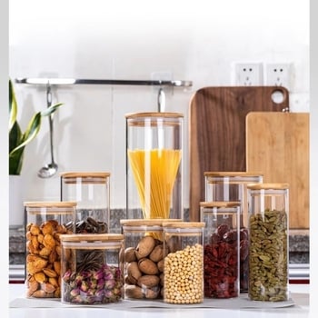 Recipient rotund din sticlă borosilicat, cu capac etanș, pentru ceai și gustări, gură largă