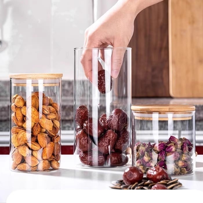 Recipient rotund din sticlă borosilicat, cu capac etanș, pentru ceai și gustări, gură largă