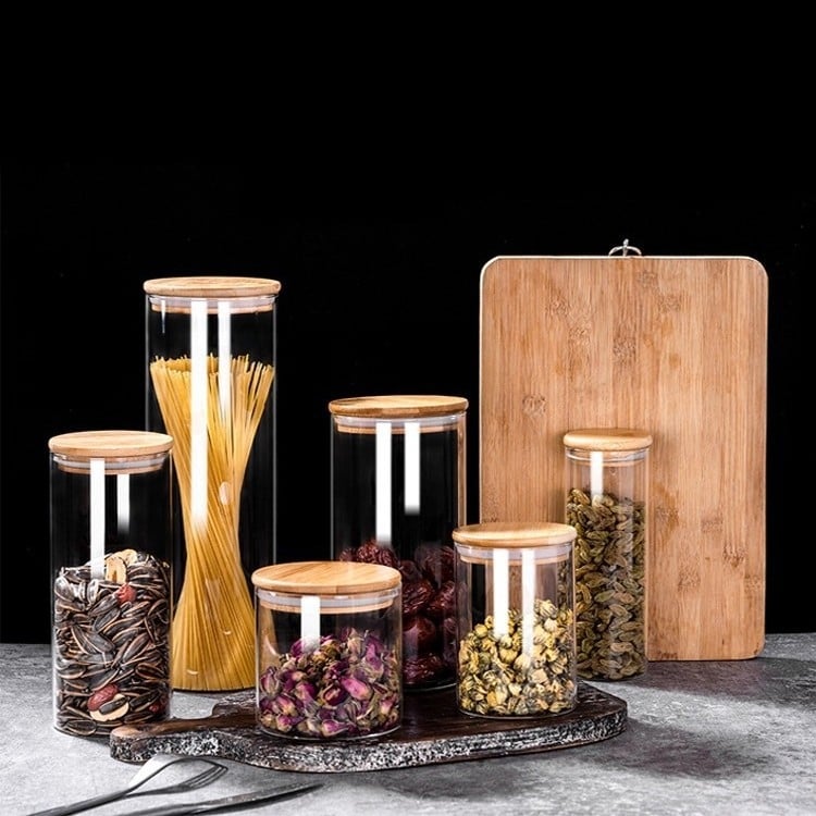 Recipient rotund din sticlă borosilicat, cu capac etanș, pentru ceai și gustări, gură largă
