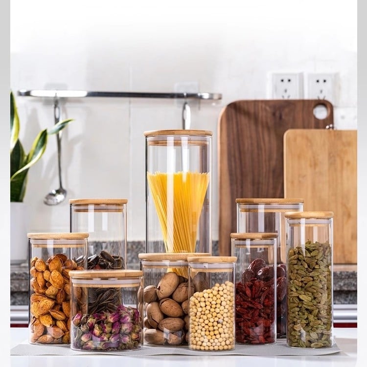 Recipient rotund din sticlă borosilicat, cu capac etanș, pentru ceai și gustări, gură largă