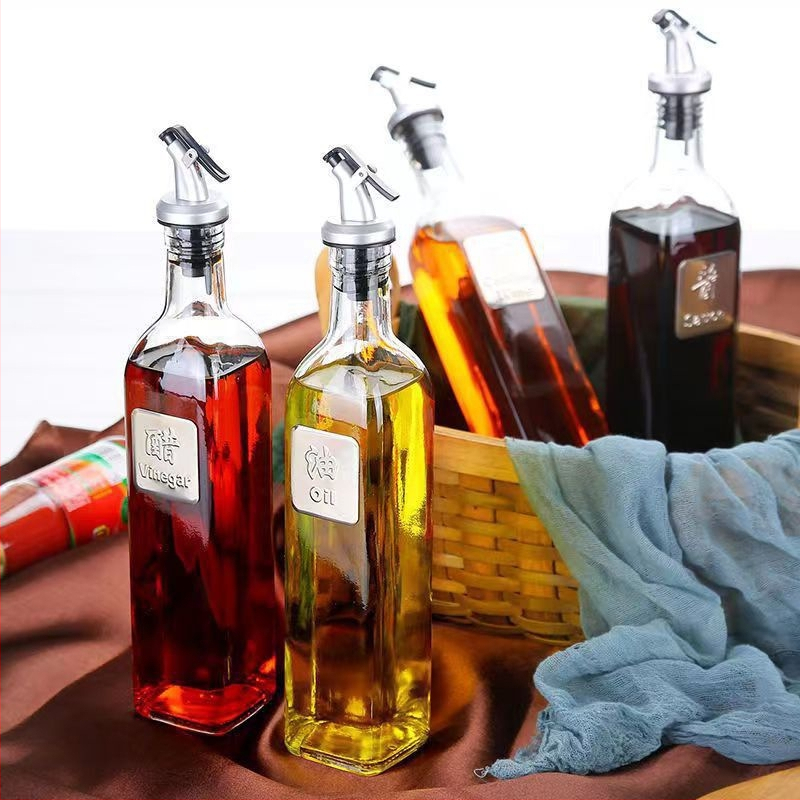 Sklenená štvorcová fľaša na sezamový olej, 500 ml, kuchynská sklenená fľaša na olej, omáčky a ocot