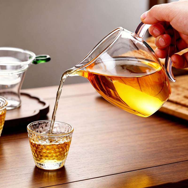 Ceșă de ceai din sticlă borosilicat, cu mâner colorat, bază mai groasă rezistentă la căldură, set Kung Fu pentru acasă cu separator de ceai