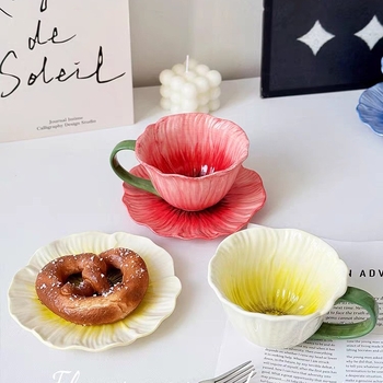 Set de cești de cafea din ceramică pictate manual, design unic, ceașcă latte elegantă și farfurie