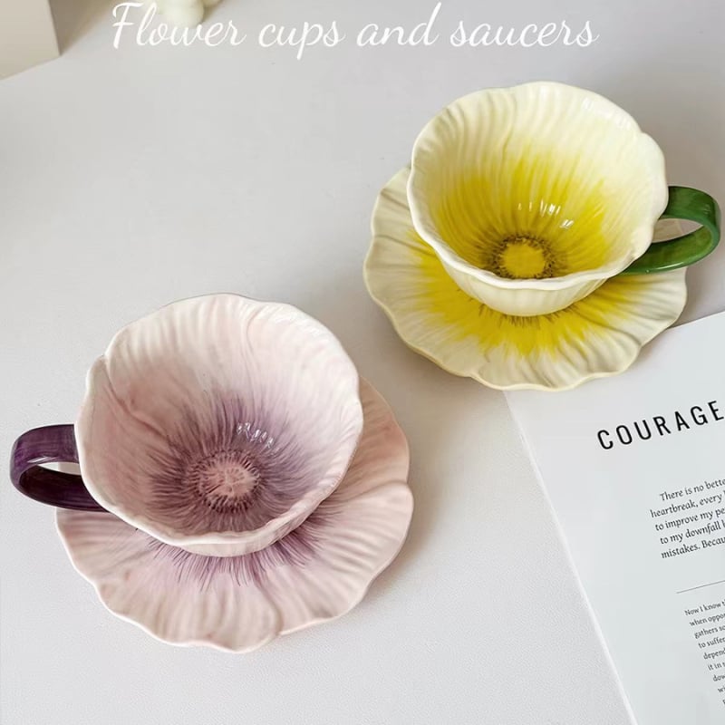 Set de cești de cafea din ceramică pictate manual, design unic, ceașcă latte elegantă și farfurie