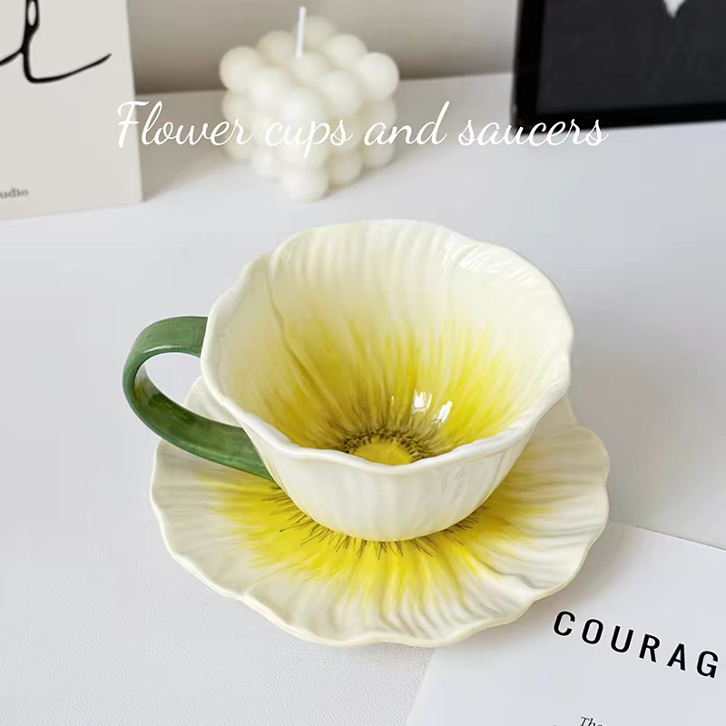 Set de cești de cafea din ceramică pictate manual, design unic, ceașcă latte elegantă și farfurie