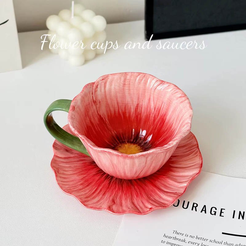 Set de cești de cafea din ceramică pictate manual, design unic, ceașcă latte elegantă și farfurie