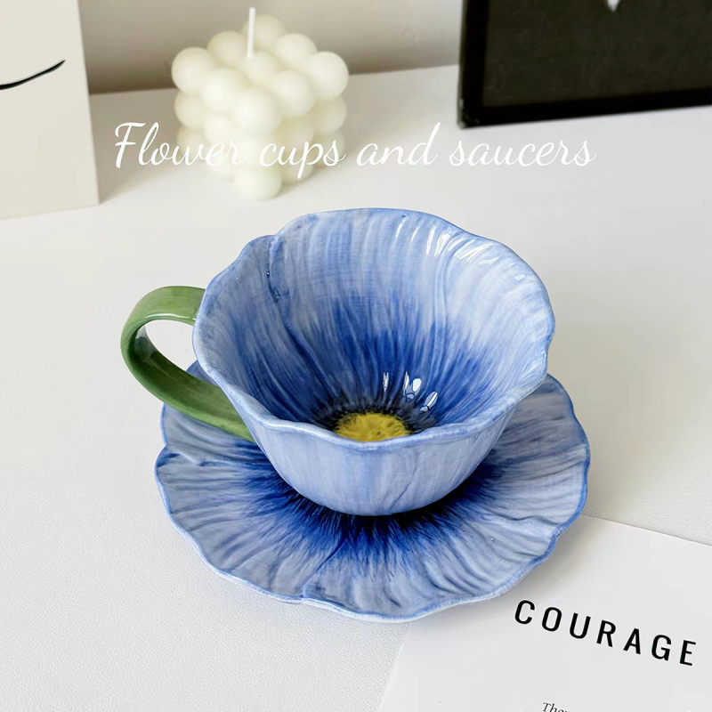 Set de cești de cafea din ceramică pictate manual, design unic, ceașcă latte elegantă și farfurie