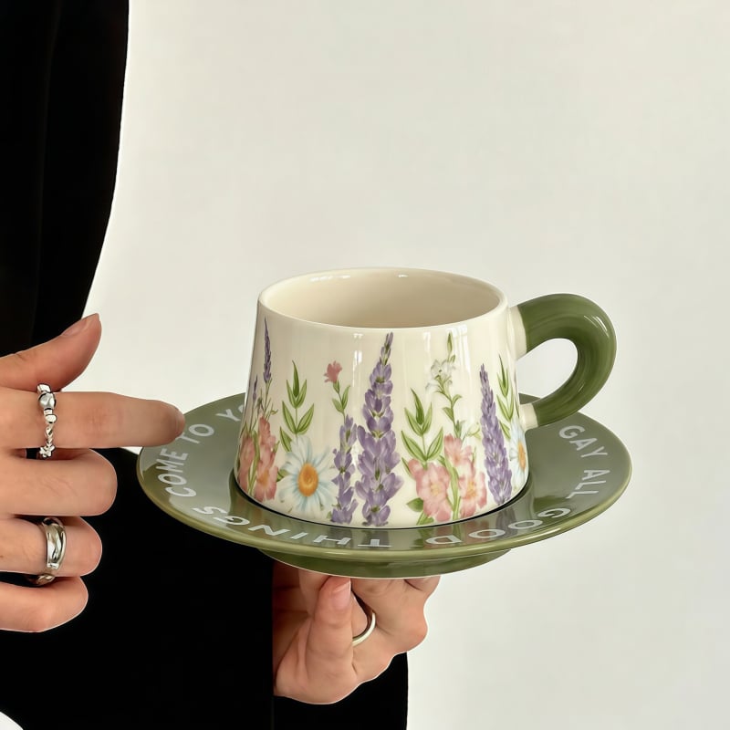 Set ceramic cești de cafea și farfurioare cu model floral, cutie cadou, calitate întâi, lux discret