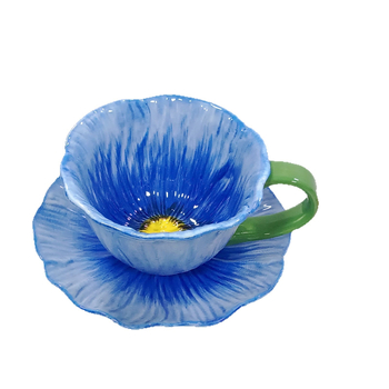Set ceramic pentru cafea cu ceașcă și farfurie, farfurie de desert și farfurie pentru fel principal, model cu maci, stil retro ușor luxos, set în cutie cadou
