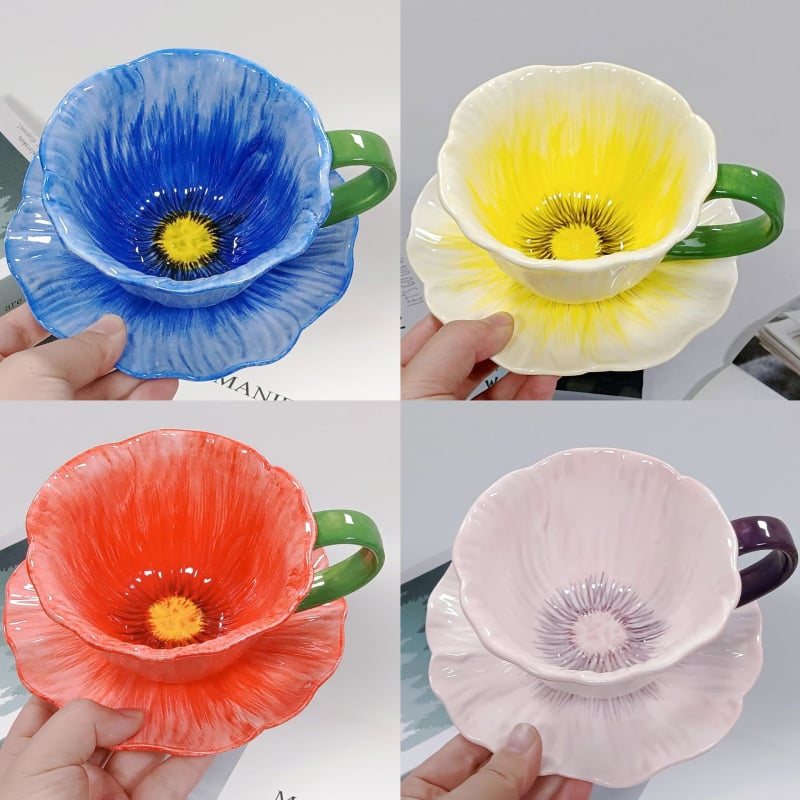 Set ceramic pentru cafea cu ceașcă și farfurie, farfurie de desert și farfurie pentru fel principal, model cu maci, stil retro ușor luxos, set în cutie cadou
