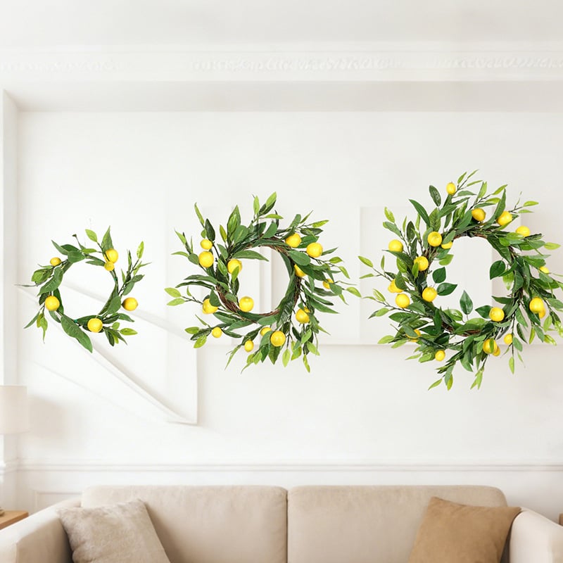 Coronă artificială cu lămâi pentru decor interior, potrivită pentru ușă sau perete, cu frunze de eucalipt și fructe