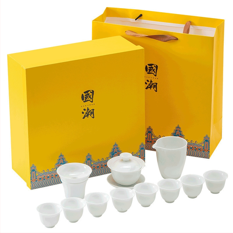 Set de ceai Kung Fu din porțelan alb, cu gaiwan și cești – set complet pentru casă și birou
