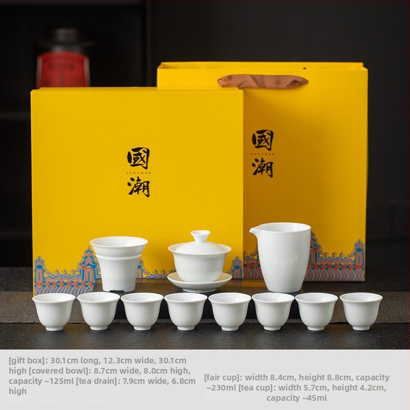 Set de ceai Kung Fu din porțelan alb, cu gaiwan și cești – set complet pentru casă și birou