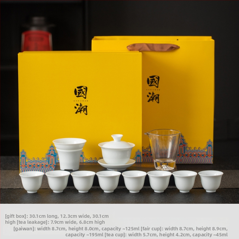 Set de ceai Kung Fu din porțelan alb, cu gaiwan și cești – set complet pentru casă și birou
