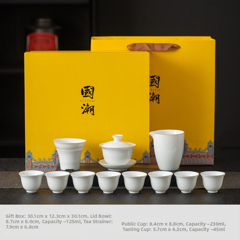Set de ceai Kung Fu din porțelan alb, cu gaiwan și cești – set complet pentru casă și birou