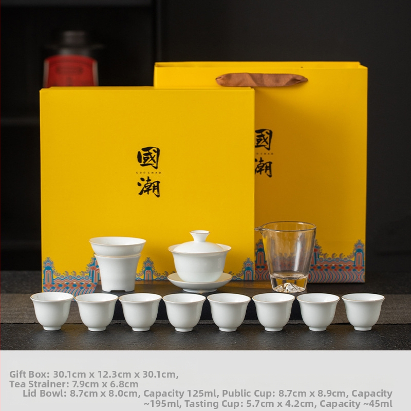 Set de ceai Kung Fu din porțelan alb, cu gaiwan și cești – set complet pentru casă și birou
