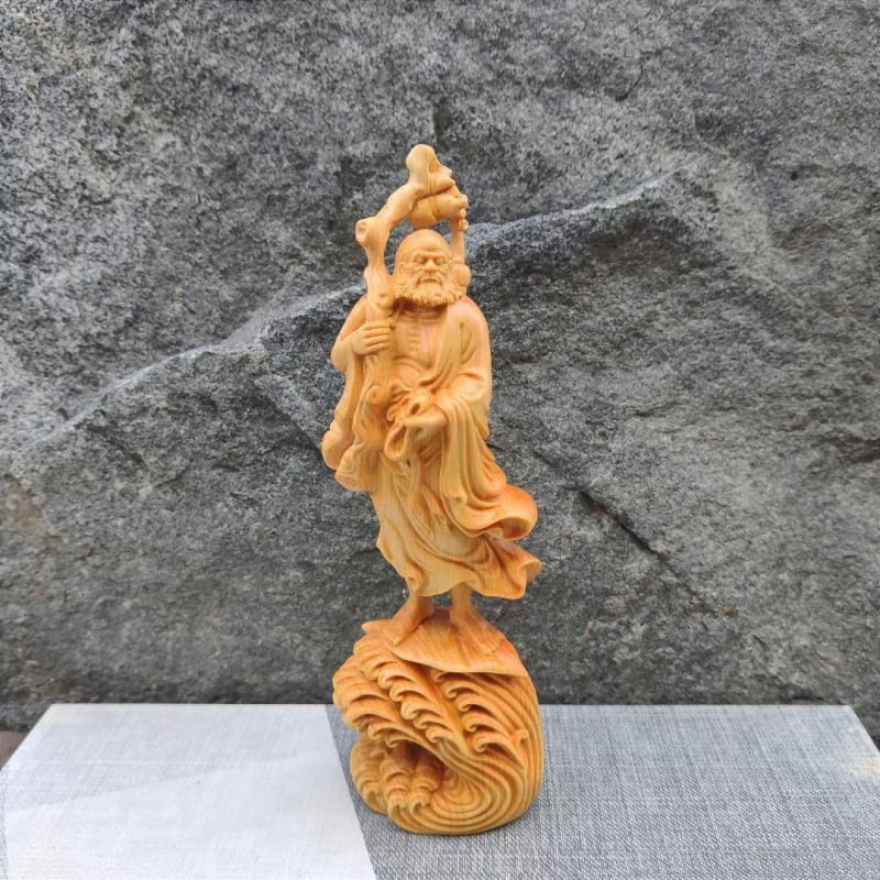 Figură Bodhidharma, sculptură din lemn cu rădăcini, stil zen